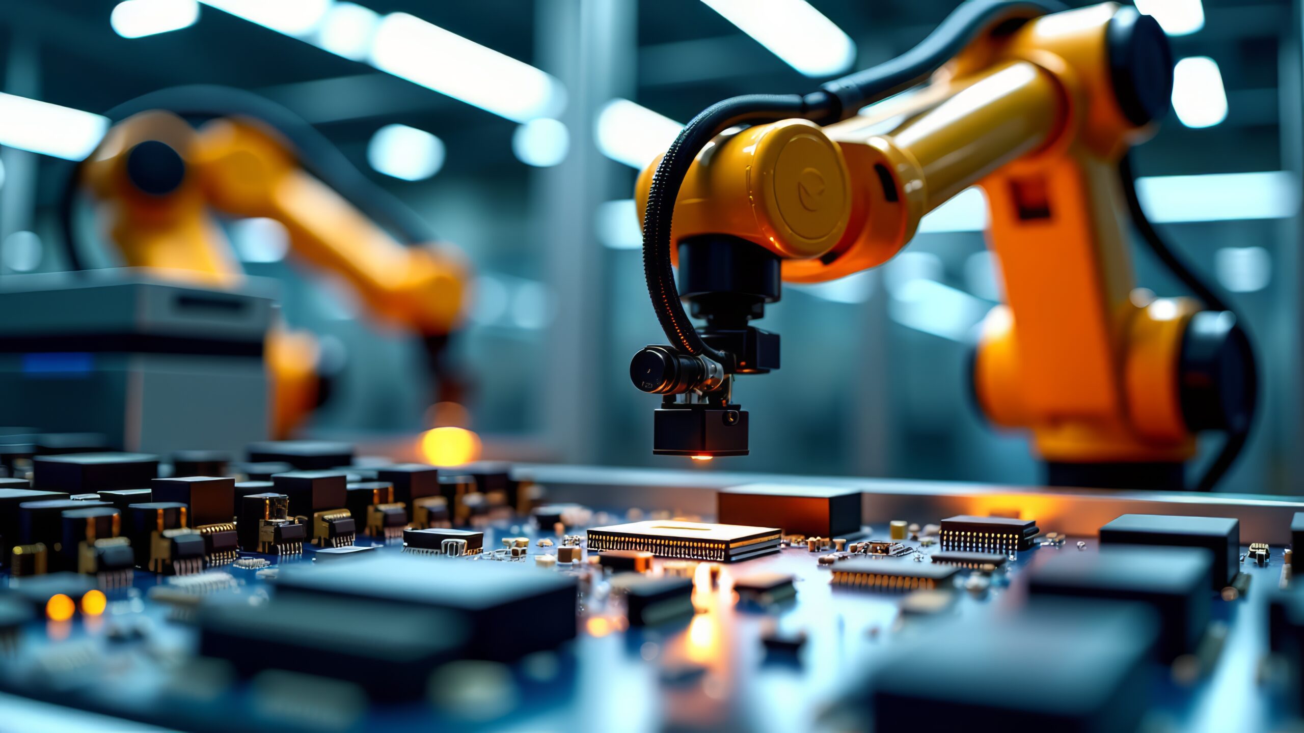 yellow robotic arm in a lab