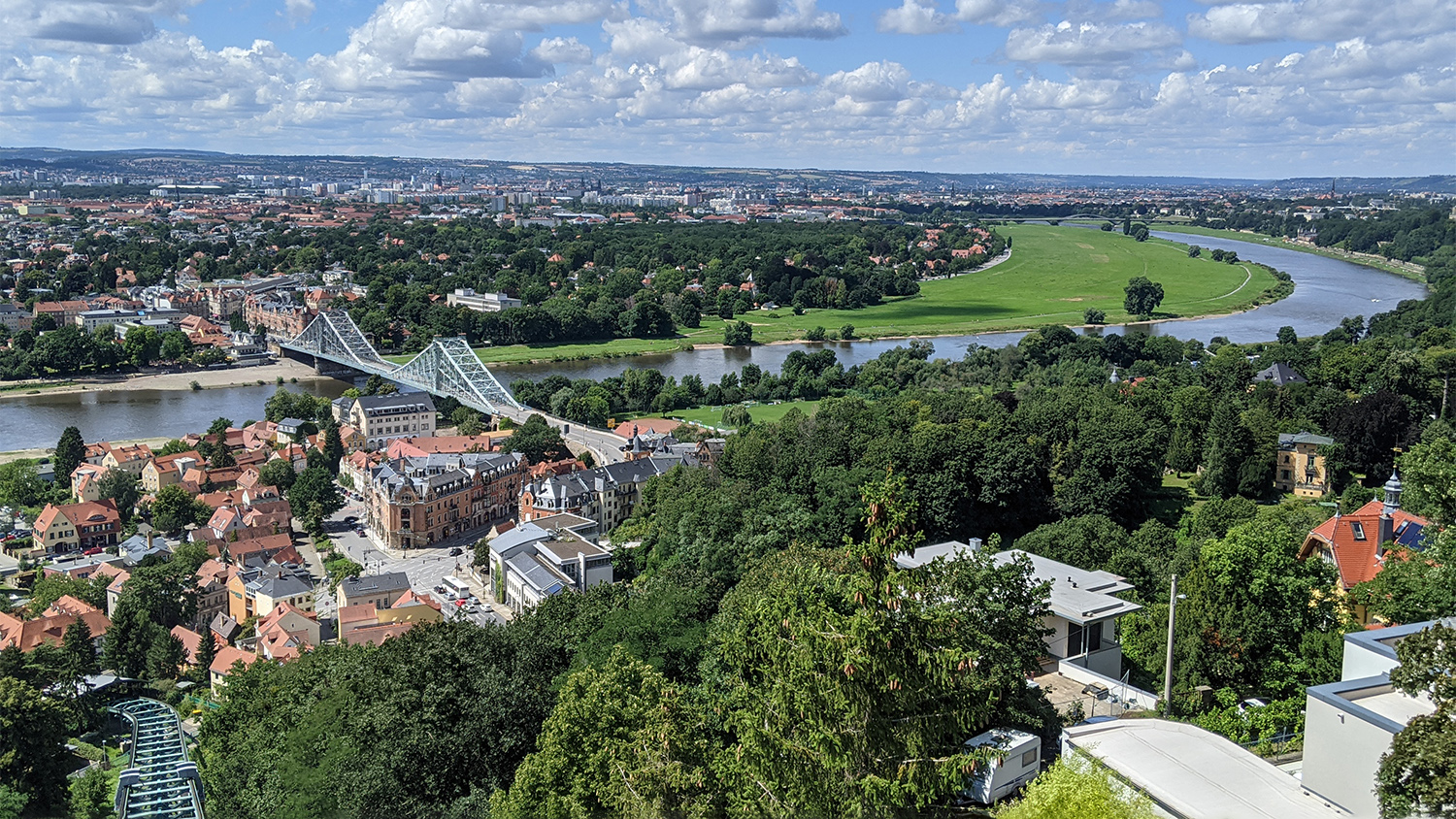 View of Loschwitz bridge “blue wonder” and Elbe river