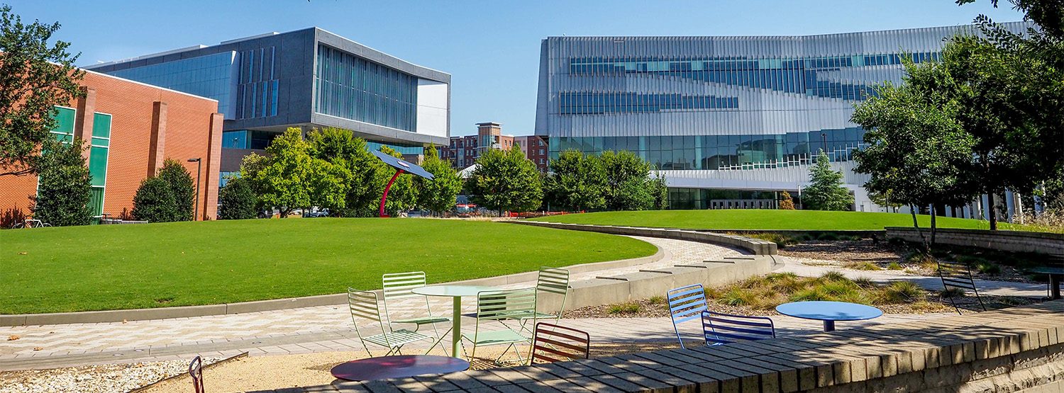 A walkway leads to the Hunt Library (right) and the newly completed Fitts-Woolard Hall on Centennial Campus. Photo by Becky Kirkland.