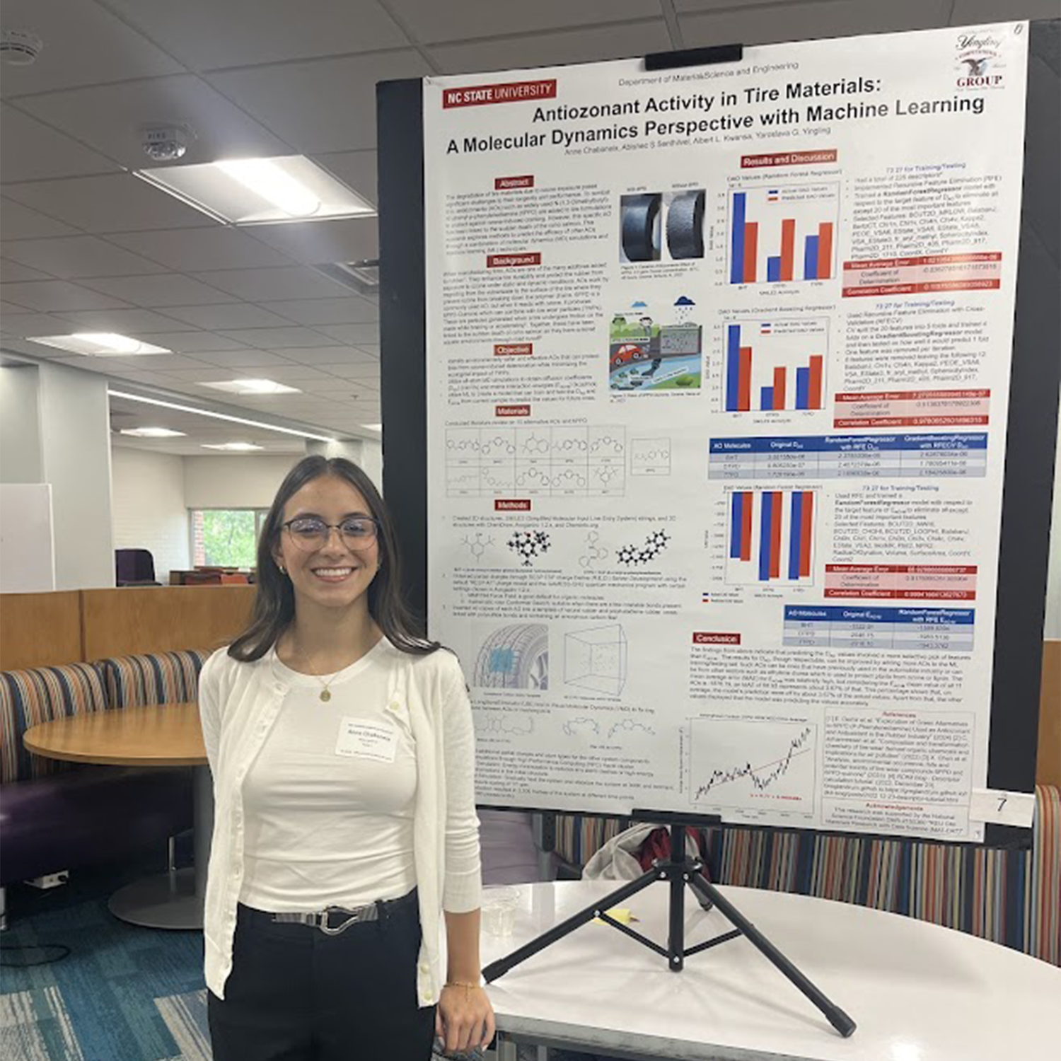 brunette college woman presenting scientific poster
