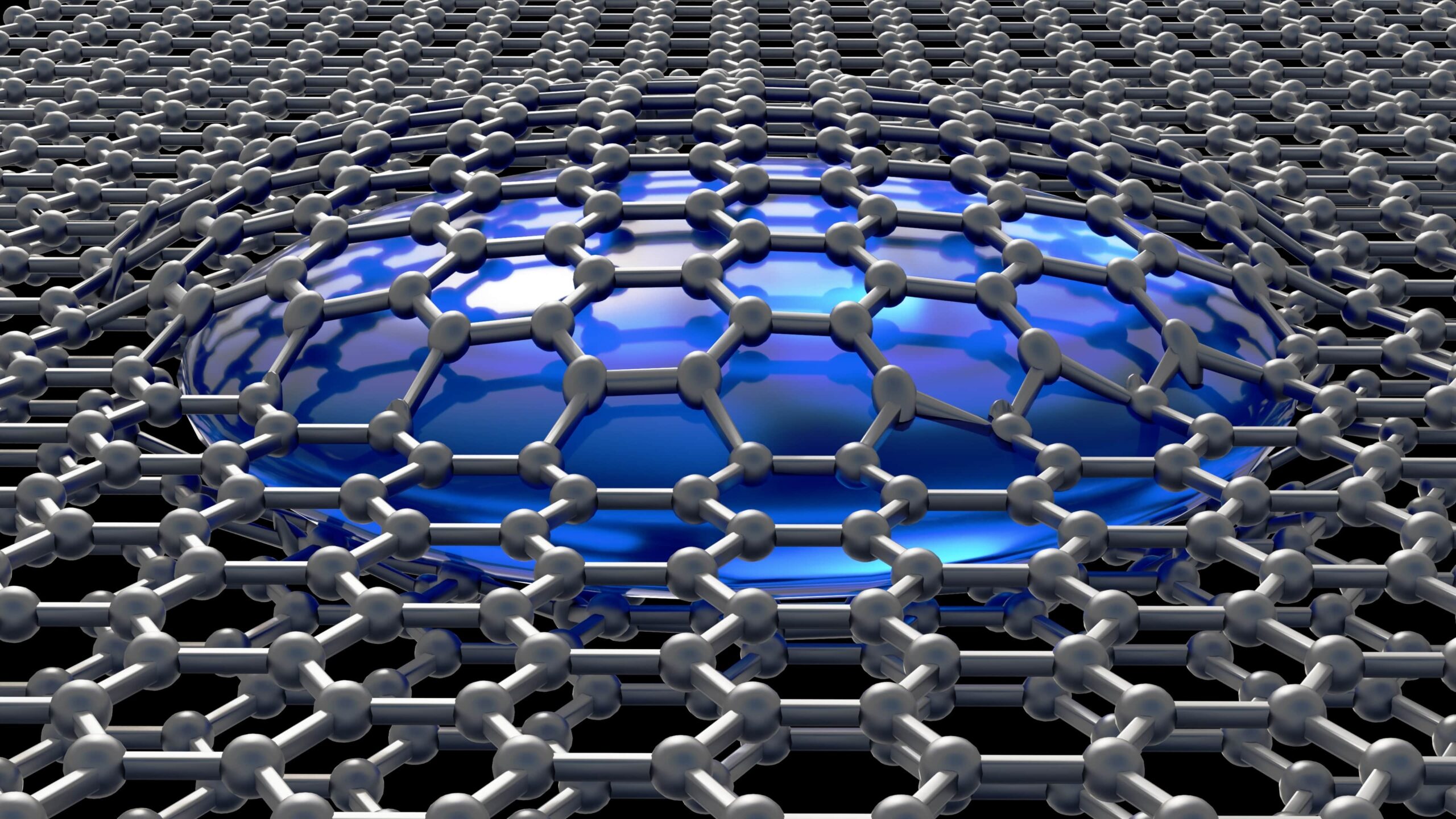 3D rendering of a graphene liquid cell. This technology allows scientists to study materials and processes at the atomic level within a liquid environment.