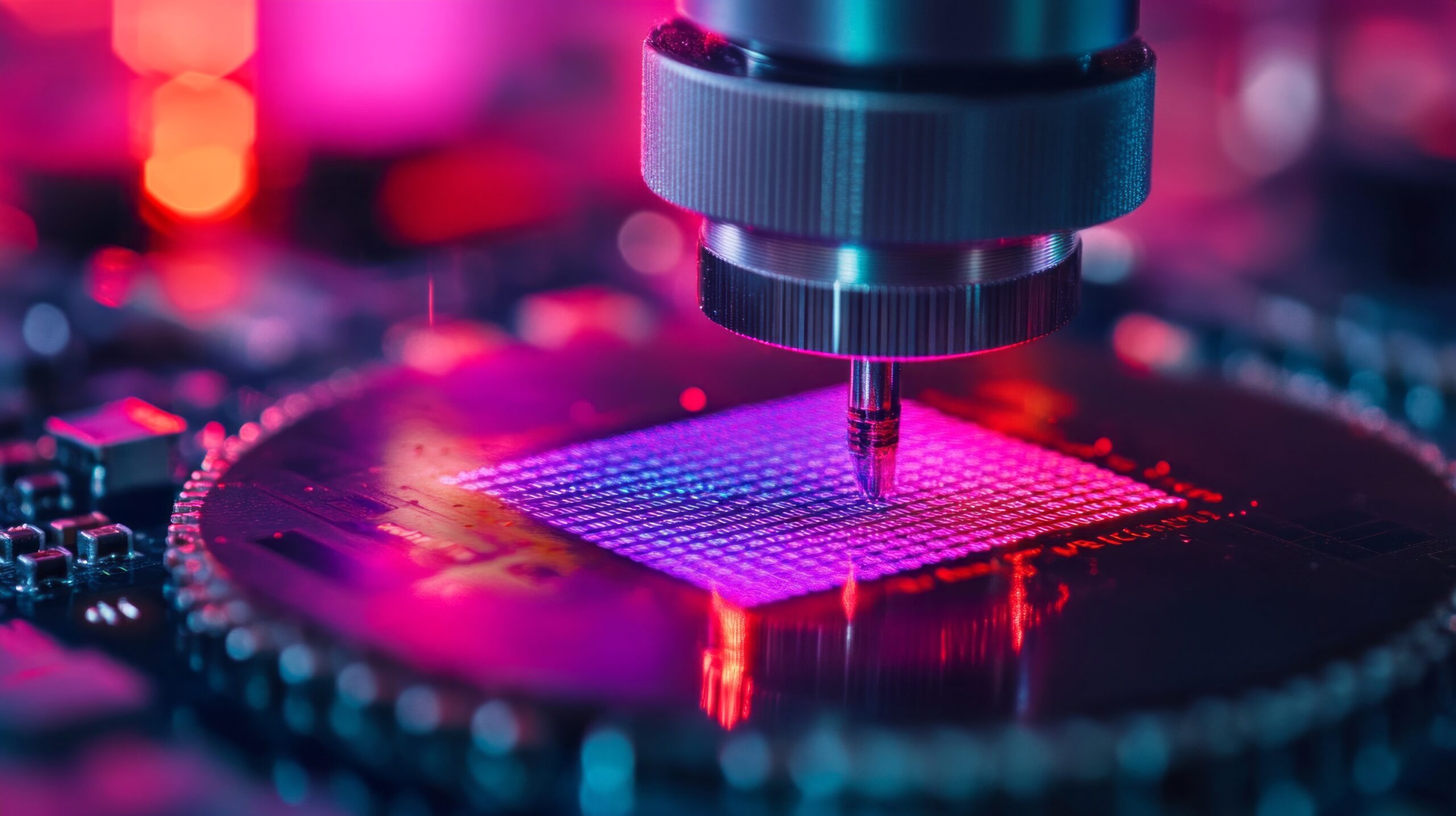 A microchip wafer is being processed with ultraviolet light, essential for photolithography in semiconductor manufacturing. Precision equipment plays a vital role in forming complex circuits