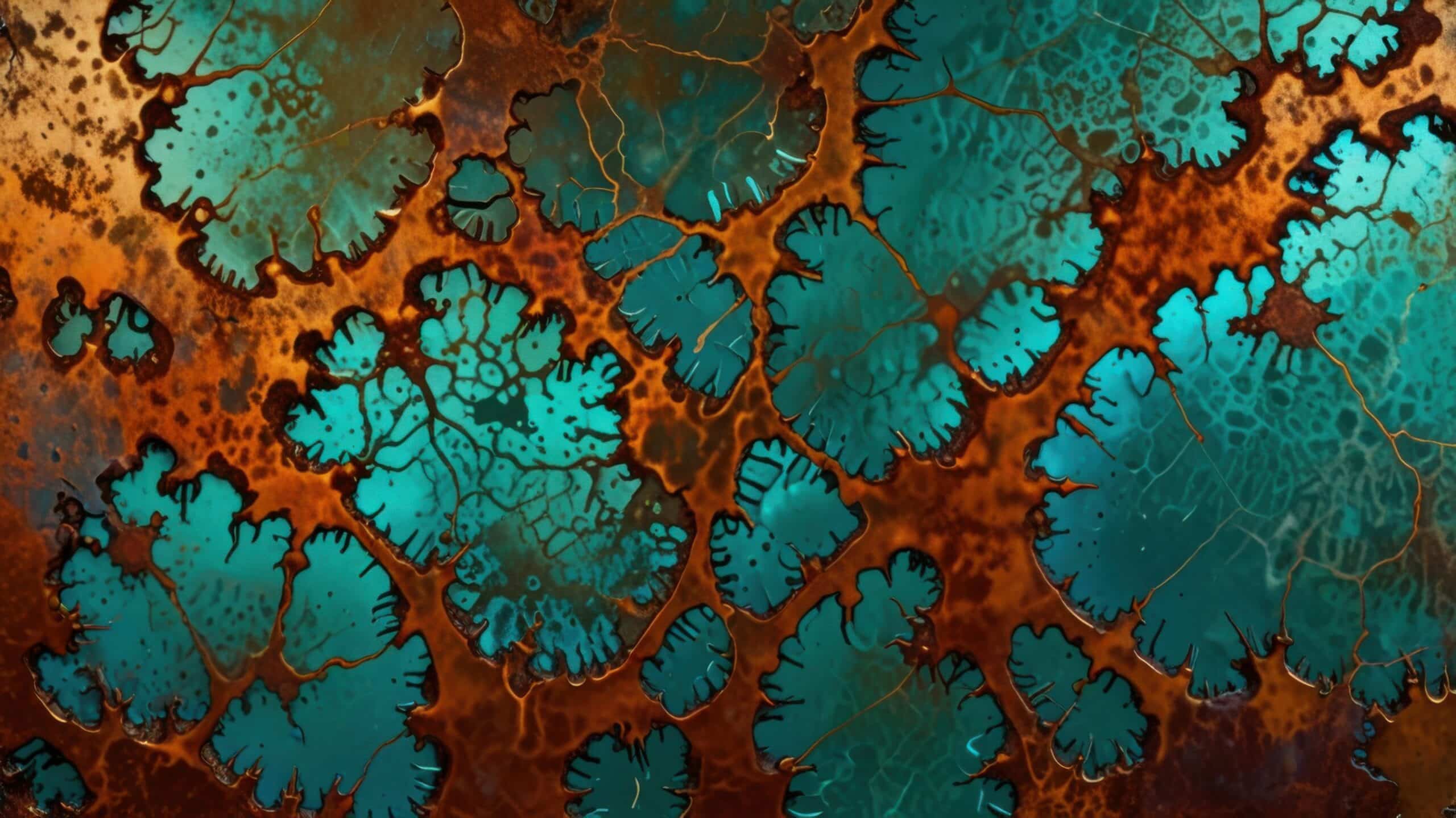 rust formulating on blue material in blooming patterns